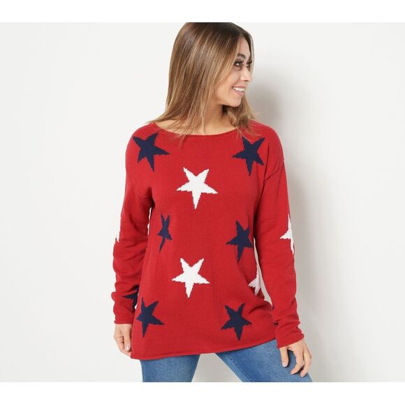 Belle by Kim Gravel Women's Top Sweater Sz L Seaside Beach Red A501215 - Picture 1 of 4